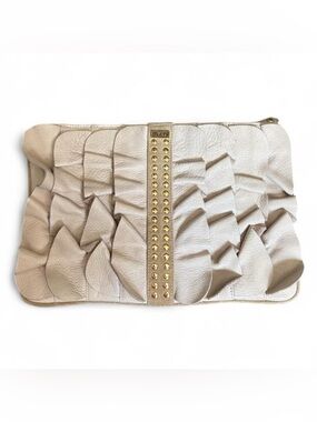 Y2K vintage Be&D cream leather clutch bag with ruffle detailing and gold studs